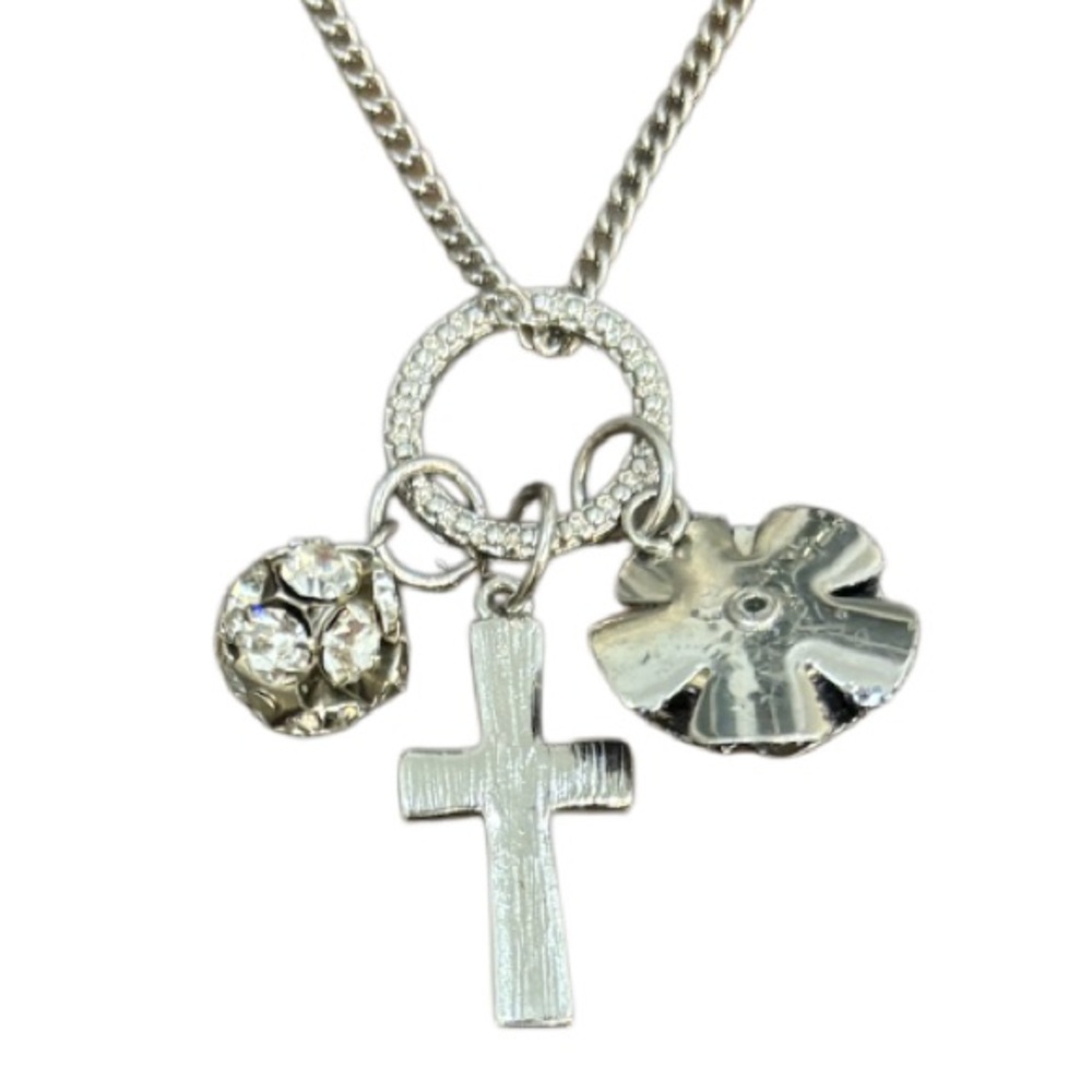 Vintage Cross Necklace Enamel Flower Beaded Ball Crystal Charms Silver Chain - Picture 6 of 12